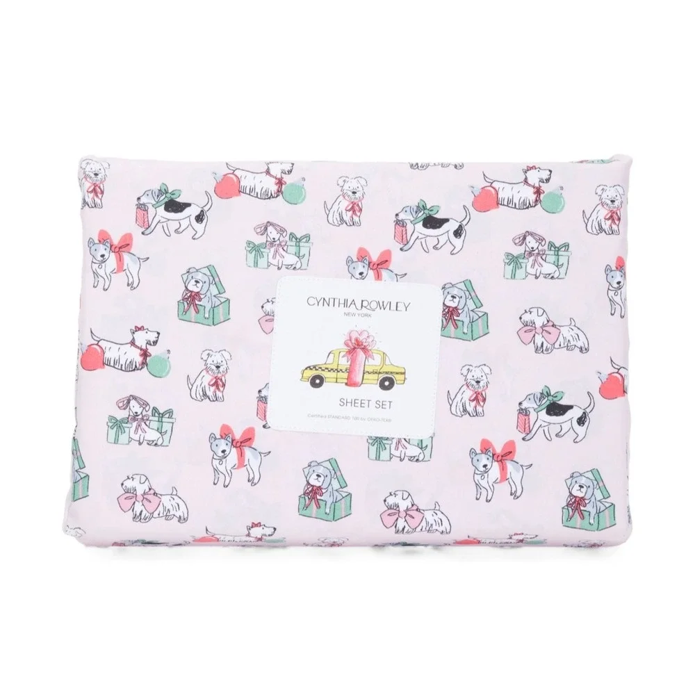 Cynthia Rowley Queen Christmas Puppy Cheer Sheet Set Pink Dog Gift Print NWT